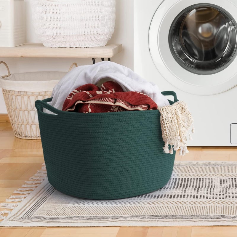 Maliton Woven Rope Basket for Blankets, Extra Large Storage, Green Laundry Hamper, Baby and Pet Toy Storage, Big Towel Basket, 22" x 22" x 14" Blanket Holder, Cotton Rope Bin - Image 5